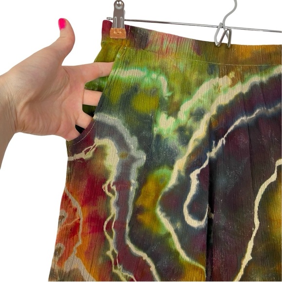 Handmade Tie Dye Pants Womens Small Geode Culottes Capri Crops Gold Purple Green - Picture 4 of 12